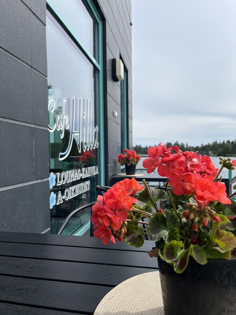 Cafe Hillan ikkuna: lasiin kiinnitetty Cafe Hilla -teksti ja ikkunalaudalla punaisia pelargonioita